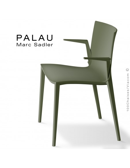 Fauteuil PALAU, structure plastique, 4 pieds monobloc couleur vert olive.
