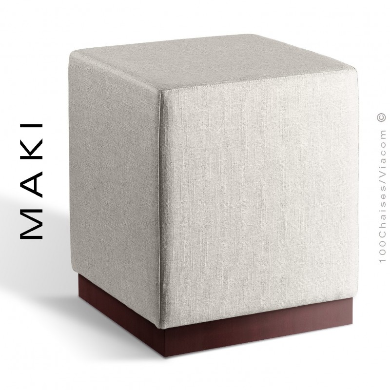Pouf carré MAKI, socle bois vernis acajou, assise et côtés habillage tissu Esedra couleur blanc.