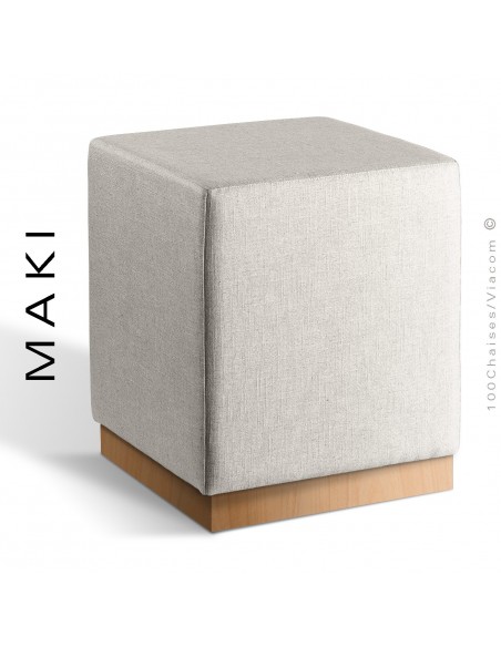 Pouf carré MAKI, socle bois vernis hêtre, assise et côtés habillage tissu Esedra couleur blanc.