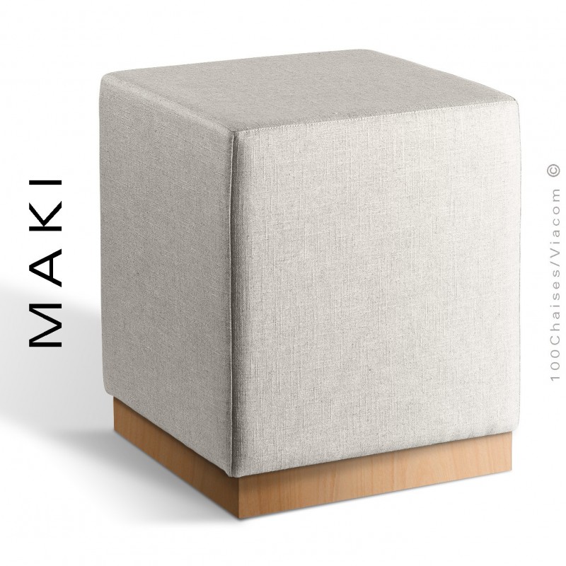 Pouf carré MAKI, socle bois vernis hêtre, assise et côtés habillage tissu Esedra couleur blanc.