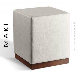 Pouf carré MAKI, socle bois vernis noyer, assise et côtés habillage tissu Esedra couleur blanc.