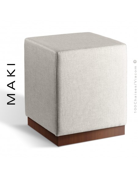 Pouf carré MAKI, socle bois vernis noyer, assise et côtés habillage tissu Esedra couleur blanc.