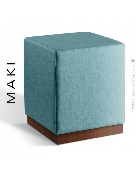 Pouf carré MAKI, socle bois vernis noyer, assise et côtés habillage tissu Esedra couleur bleu azur.