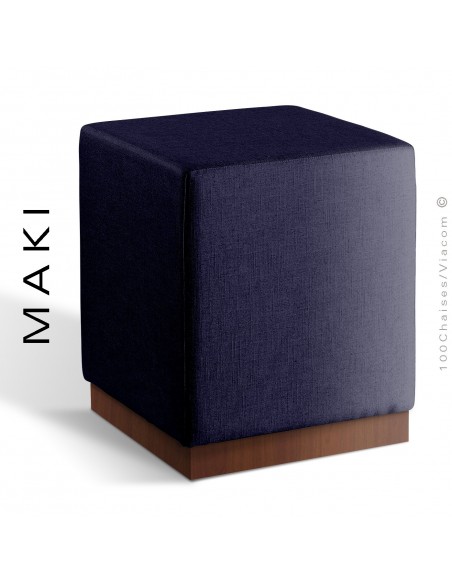 Pouf carré MAKI, socle bois vernis noyer, assise et côtés habillage tissu Esedra couleur bleu nuit.