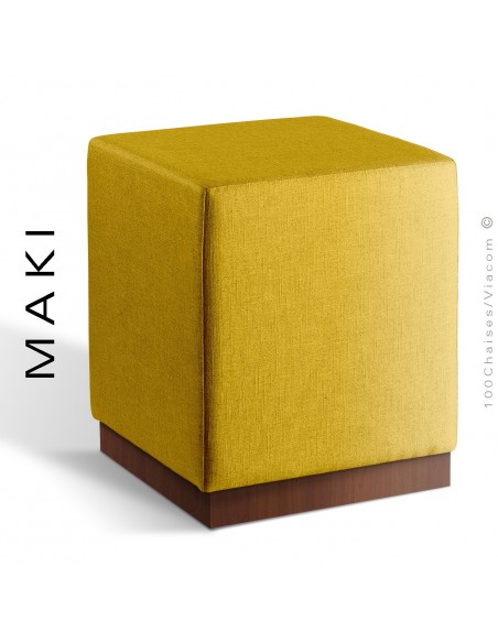 Pouf carré MAKI, socle bois vernis noyer, assise et côtés habillage tissu Esedra couleur jaune.