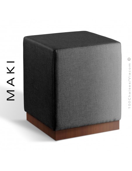 Pouf carré MAKI, socle bois vernis noyer, assise et côtés habillage tissu Esedra couleur noir.