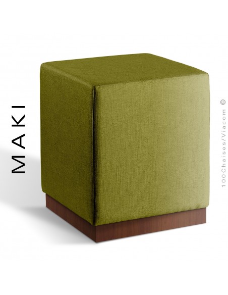 Pouf carré MAKI, socle bois vernis noyer, assise et côtés habillage tissu Esedra couleur vert kaki.