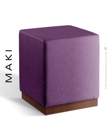 Pouf carré MAKI, socle bois vernis noyer, assise et côtés habillage tissu Esedra couleur violet.