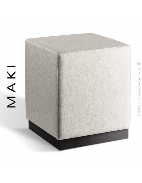 Pouf carré MAKI, socle bois vernis wengé, assise et côtés habillage tissu Esedra couleur blanc.