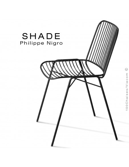 Chaise SHADE, structure 4 pieds en tube, assise et dossier en tige d'acier peint noir foncé.