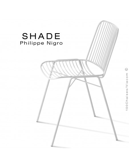 Chaise SHADE, structure 4 pieds en tube, assise et dossier en tige d'acier peint blanc signalisation.