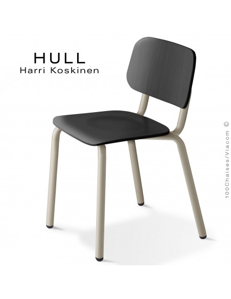 Chaise HULL, structure acier peint gris tourterelle, assise et dossier hêtre teinté noir.