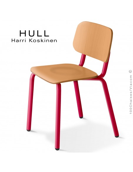 Chaise HULL, structure acier peint rouge rubis, assise et dossier hêtre naturel.