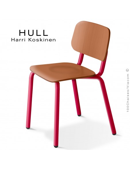 Chaise HULL, structure acier peint rouge rubis, assise et dossier hêtre teinté chêne.