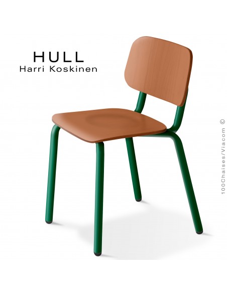 Chaise HULL, structure acier peint vert mousse, assise et dossier hêtre teinté chêne.