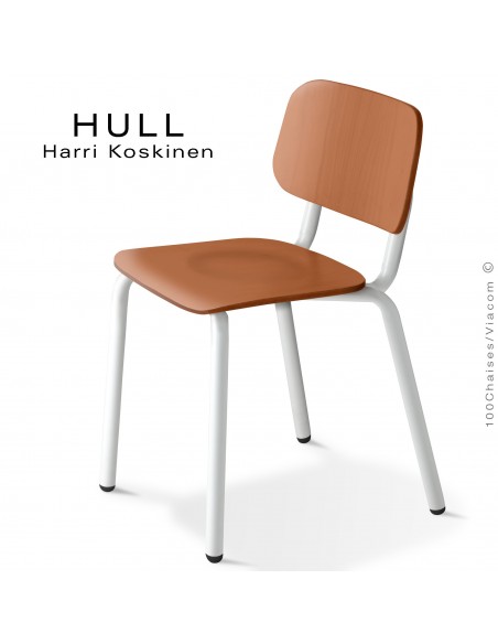 Chaise HULL, structure acier peint blanc signalisation, assise et dossier hêtre teinté chêne.