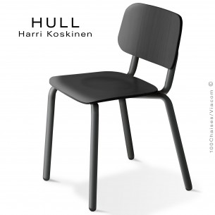 Chaise HULL, structure acier peint noir, assise et dossier hêtre teinté noir.