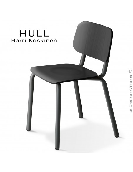 Chaise HULL, structure acier peint noir, assise et dossier hêtre teinté noir.