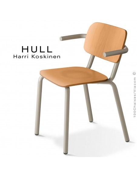 Fauteuil HULL, structure acier peint gris tourterelle, assise et dossier hêtre naturel