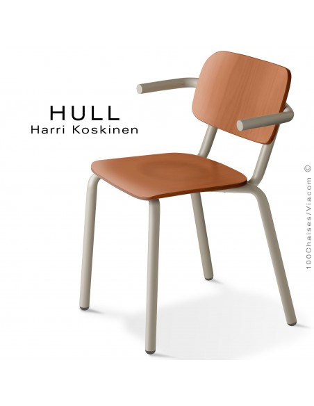 Fauteuil HULL, structure acier peint gris tourterelle, assise et dossier hêtre teinté chêne