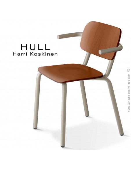 Fauteuil HULL, structure acier peint gris tourterelle, assise et dossier hêtre teinté noyer