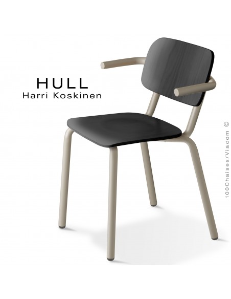 Fauteuil HULL, structure acier peint gris tourterelle, assise et dossier hêtre teinté noir