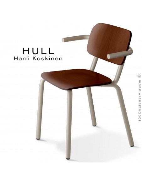 Fauteuil HULL, structure acier peint gris tourterelle, assise et dossier hêtre teinté wengé