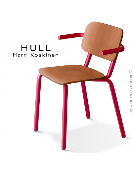 Fauteuil HULL, structure acier peint rouge rubis, assise et dossier hêtre teinté chêne