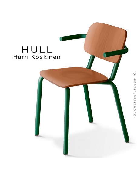 Fauteuil HULL, structure acier peint vert mousse, assise et dossier hêtre teinté chêne