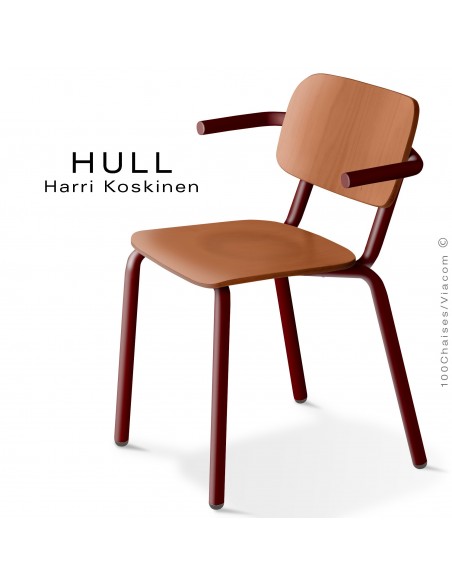 Fauteuil HULL, structure acier peint brun chocolat, assise et dossier hêtre teinté chêne