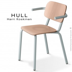 Fauteuil HULL, structure acier peint aluminium blanc, assise et dossier hêtre teinté érable