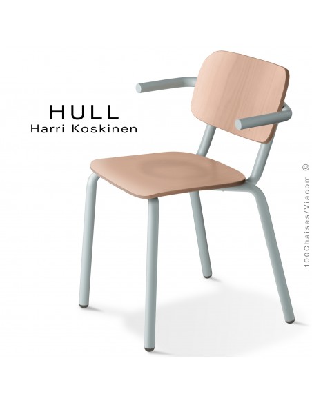 Fauteuil HULL, structure acier peint aluminium blanc, assise et dossier hêtre teinté érable