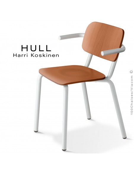 Fauteuil HULL, structure acier peint blanc signalisation, assise et dossier hêtre teinté chêne