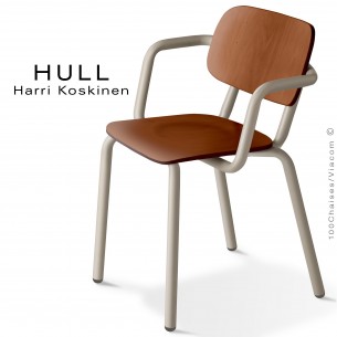Fauteuil HULL, structure acier peint gris tourterelle, assise et dossier hêtre teinté noyer