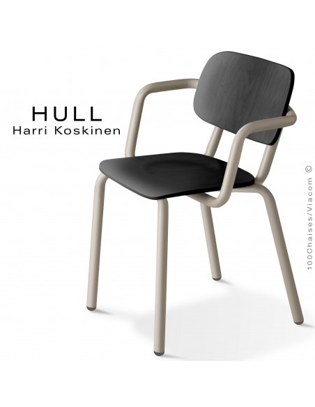 Fauteuil HULL, structure acier peint gris tourterelle, assise et dossier hêtre teinté noir