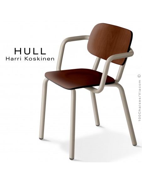 Fauteuil HULL, structure acier peint gris tourterelle, assise et dossier hêtre teinté wengé