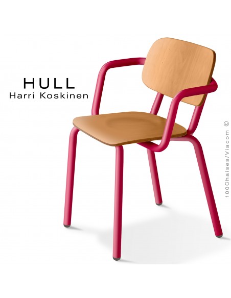 Fauteuil HULL, structure acier peint rouge rubis, assise et dossier hêtre naturel