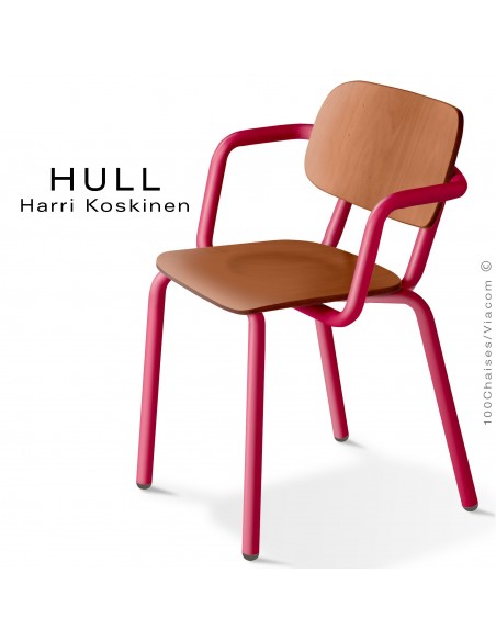 Fauteuil HULL, structure acier peint rouge rubis, assise et dossier hêtre teinté chêne