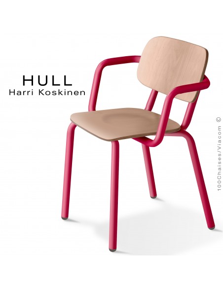 Fauteuil HULL, structure acier peint rouge rubis, assise et dossier hêtre teinté érable