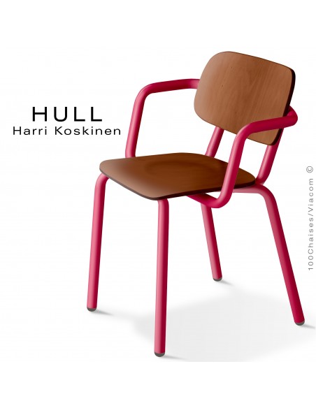 Fauteuil HULL, structure acier peint rouge rubis, assise et dossier hêtre teinté noyer