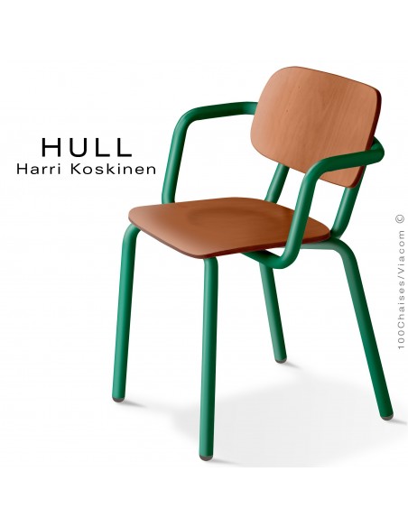 Fauteuil HULL, structure acier peint vert mousse, assise et dossier hêtre teinté chêne