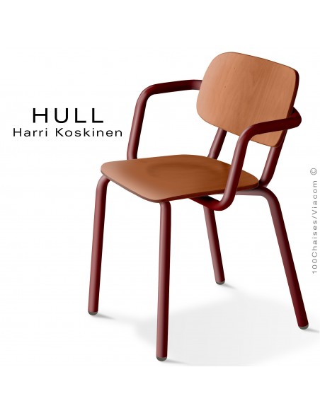 Fauteuil HULL, structure acier peint brun chocolat, assise et dossier hêtre teinté chêne