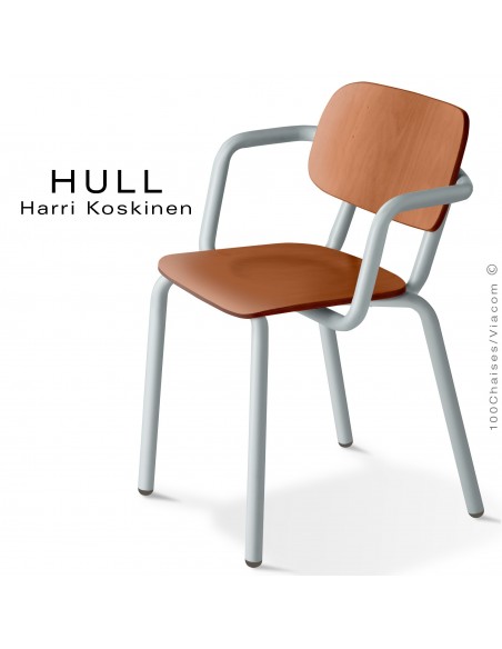 Fauteuil HULL, structure acier peint aluminium blanc, assise et dossier hêtre teinté chêne