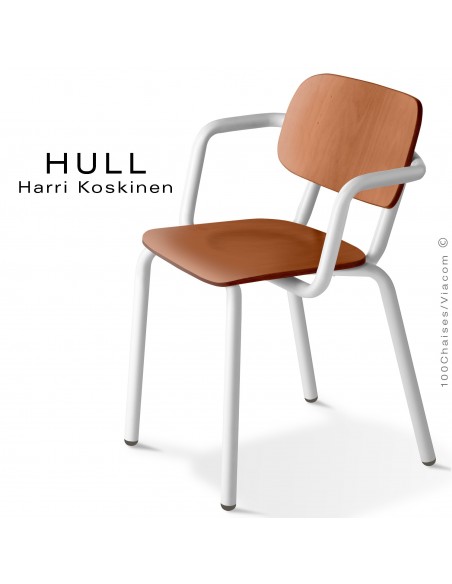 Fauteuil HULL, structure acier peint blanc signalisation, assise et dossier hêtre teinté chêne