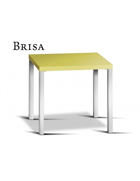 BRISA table carré, structure finition argent mat, plateau stratifié jaune.