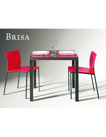 BRISA table carré, structure acier, plateau stratifié noyer foncé.