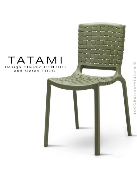 Chaise design TATAMI, structure plastique couleur vert kaki.