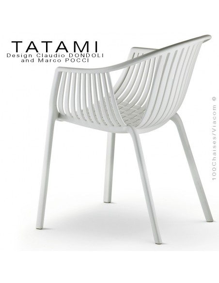 Fauteuil TATAMI, structure plastique couleur blanc, assise effet tressé - Lot de 4 pièces.