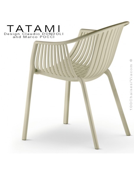 Fauteuil TATAMI, structure plastique couleur crème, assise effet tressé - Lot de 4 pièces.