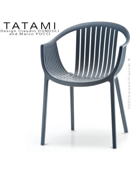 Fauteuil TATAMI, structure plastique couleur gris foncé, assise effet tressé - Lot de 4 pièces.